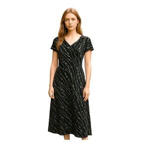 Merona Floral Print Shirt Dress Black Ivory Tan Midi Sleeveless V-Neck Collared